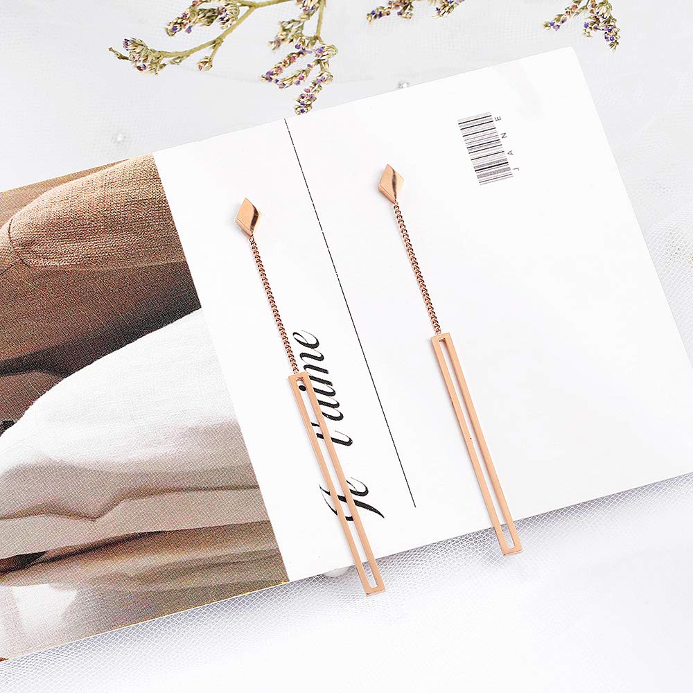 dnswez Rose Gold Long Straight Strip Earrings Drop Studs Stainless Steel for Women Dangle Line Earring Small Bar Fashion Jewelry