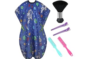 Cobahom Kids Hair Cutting Cape 47.3"×31.5'' Professional Barber Cape Child Cartoon Hairdresser Apron with Adjustable Closure, Clips, Double Edge Razor,Neck Duster Brush (Spaceman, Alien)