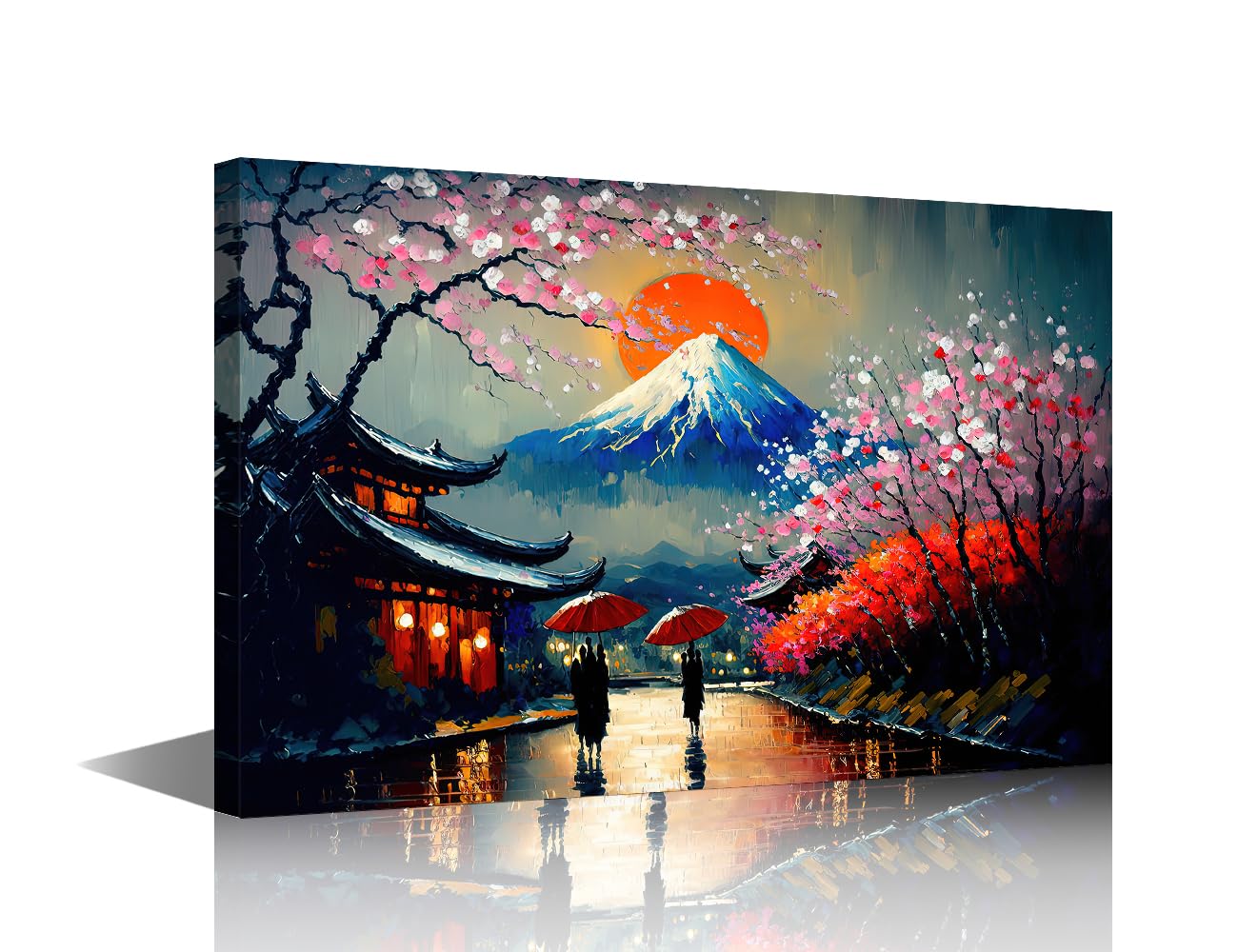 TISHIRON Fuji Mount Wall Art Ancient City Street in Japan Oil Painting Style for Living Room Wall Decor Canvas Painting Home Decor Framed Ready to Hang 16"x24"