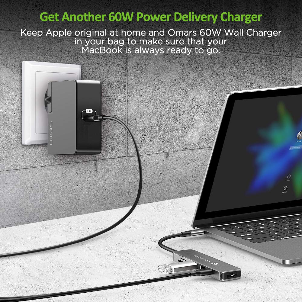Omars USB C Wall Charger 60W PD Charger with UK EU Travel Adapter Plug for MacBook, MacBook pro 13\