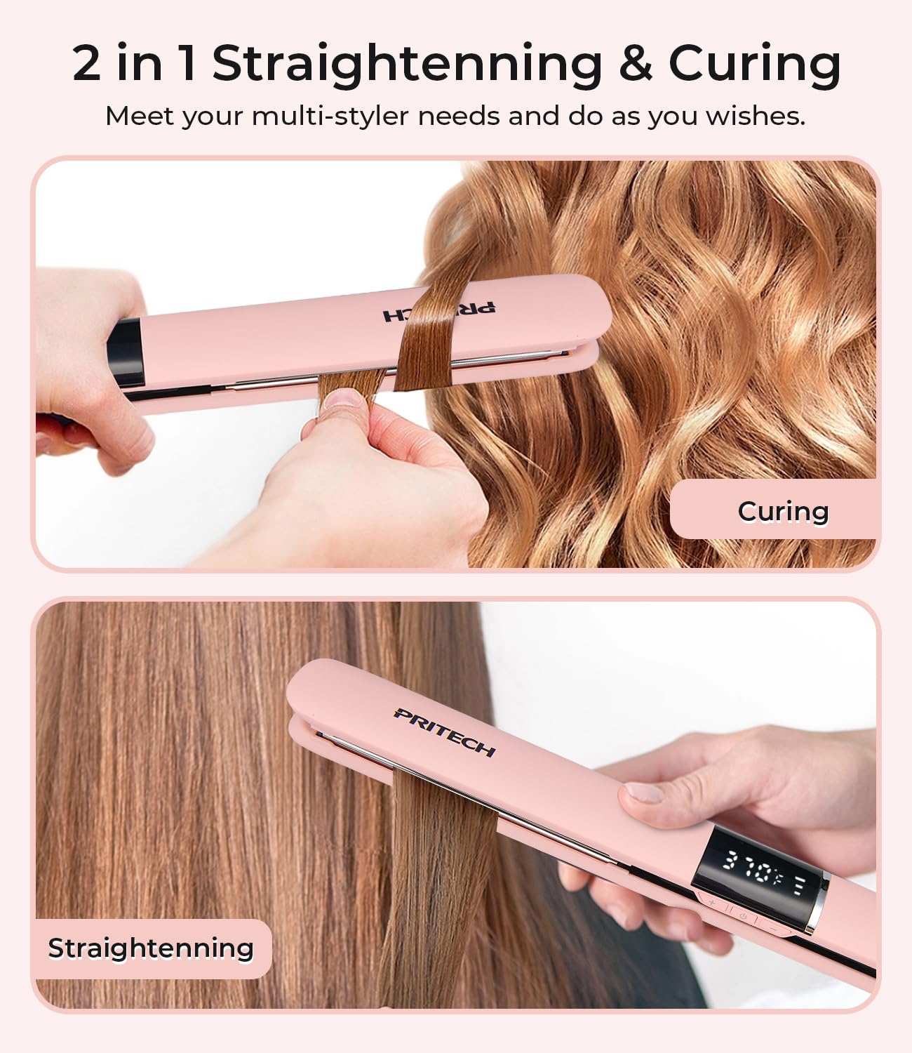 PRITECH Flat Iron Hair Straightener, Titanium Flat Iron with Adjustable Temp(290°F-450°F), 1 inch Plate for All Hairstyles Anti-Frizz Dual Voltage Straightening and Curler 2 in 1 (Pink)