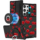 Buleens for Samsung Galaxy S23 Ultra Case - with Ring Stand & Camera Cover Aesthetic Cute Designed Women Girls Girly Kawaii Cherry for Samsung S23 Ultra Phone Case Compatible with Magsafe