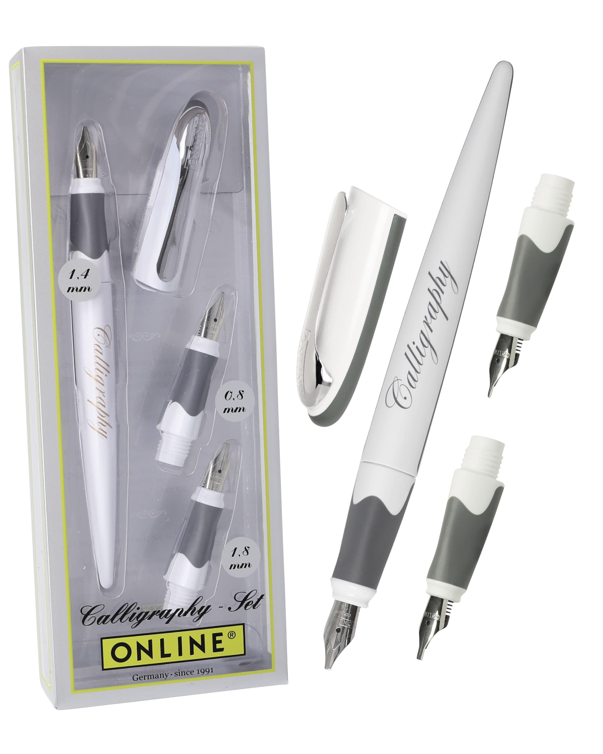 ONLINE calligraphy-set AIR white, fountain pen with 3 calligraphy nibs in 3 line widths 0.8 / 1.4 / 1.8 mm, standard ink cartridges or converter, gift set for writing fans, journaling, lettering