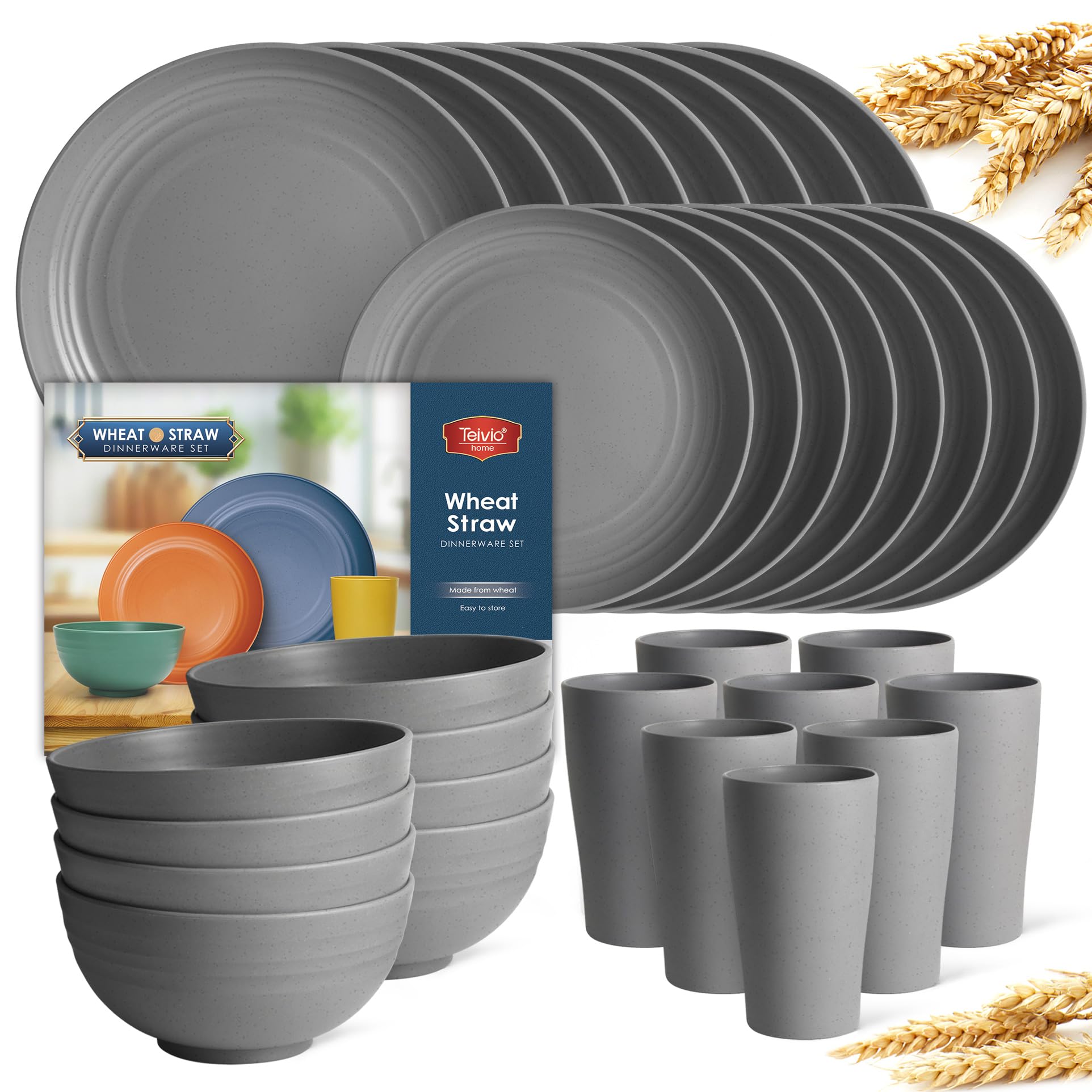 Photo 1 of Teivio 32-Piece Kitchen Plastic Wheat Straw Dinnerware Set, Service for 8, Dinner Plates, Dessert Plate, Cereal Bowls, Cups, Unbreakable Colorful Plastic Outdoor Camping Dishes, Grey