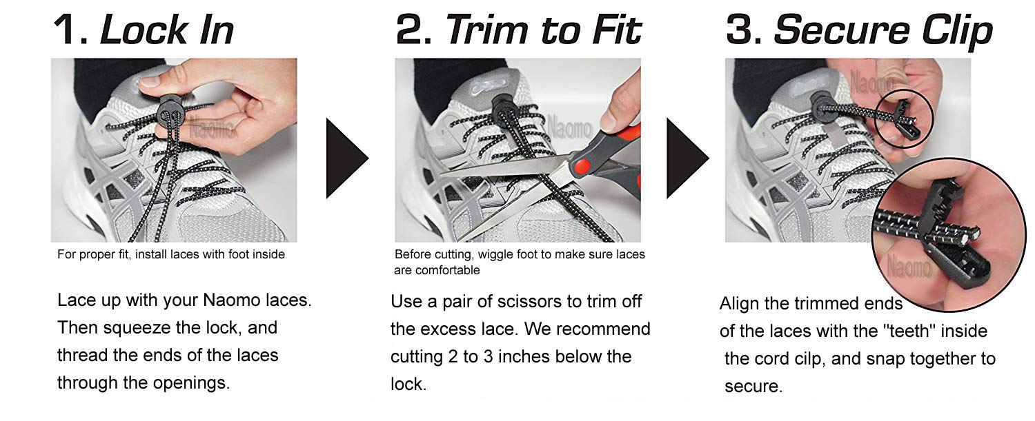 Naomo No Tie Laces Elastic Easy Tie Shoe Laces for Adults and Kids Running Shoes 2 Colours (2 Pair Black&Flash)