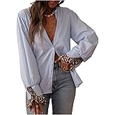 GORGLITTER Women's Striped Long Sleeve Shirt Leopard Ruffle Long Sleeve Button Down Business Casual Work Blouse