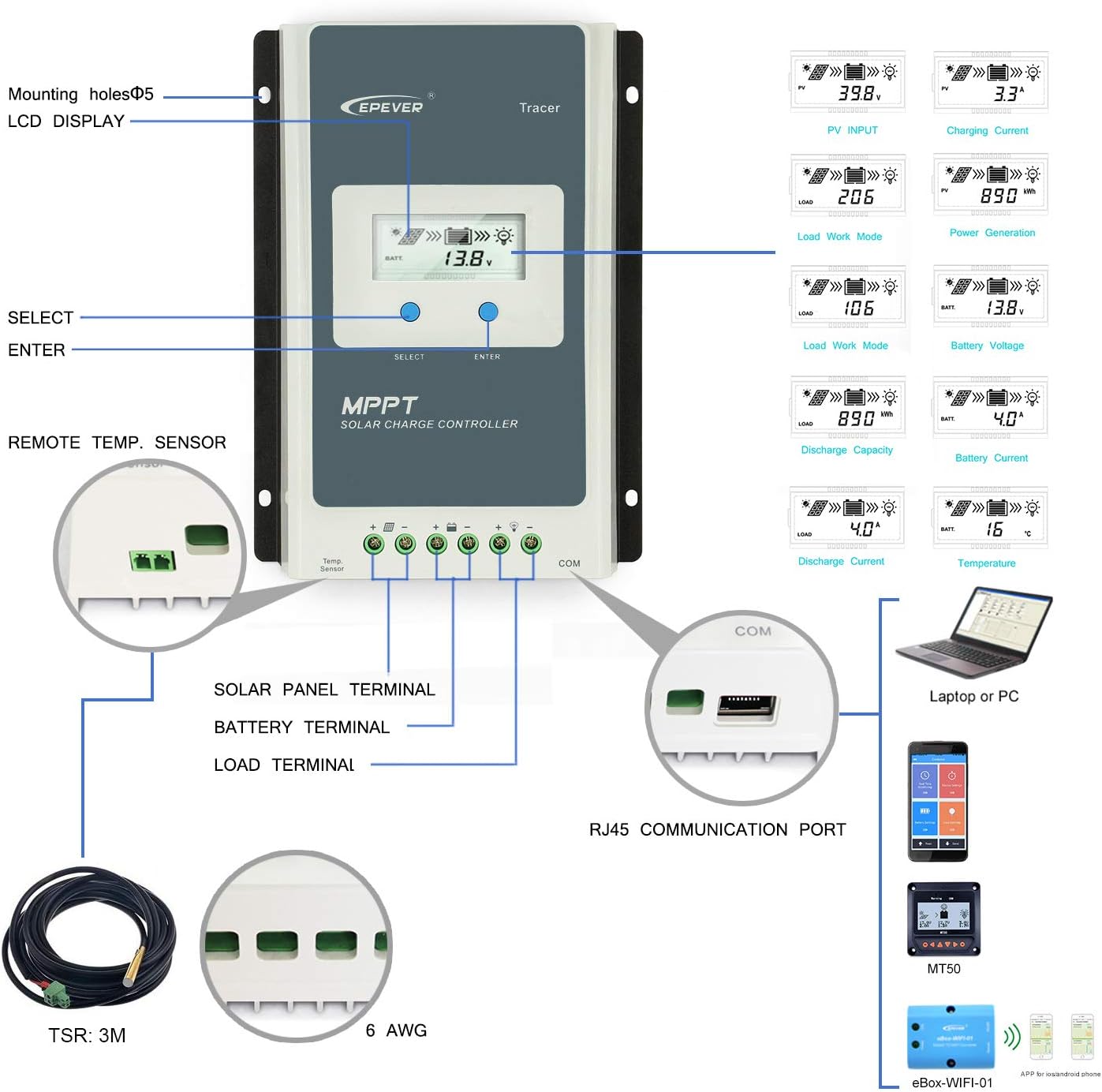 EPEVER 40A MPPT Solar Charge Controller 12V 24V Auto, 40 amp Negative Grounded Solar Charge Controller MPPT Max Input 100V, 520W/1040W for Lead-Acid, Lithium Batteries and Load Timer Setting : Home Audio & Theater