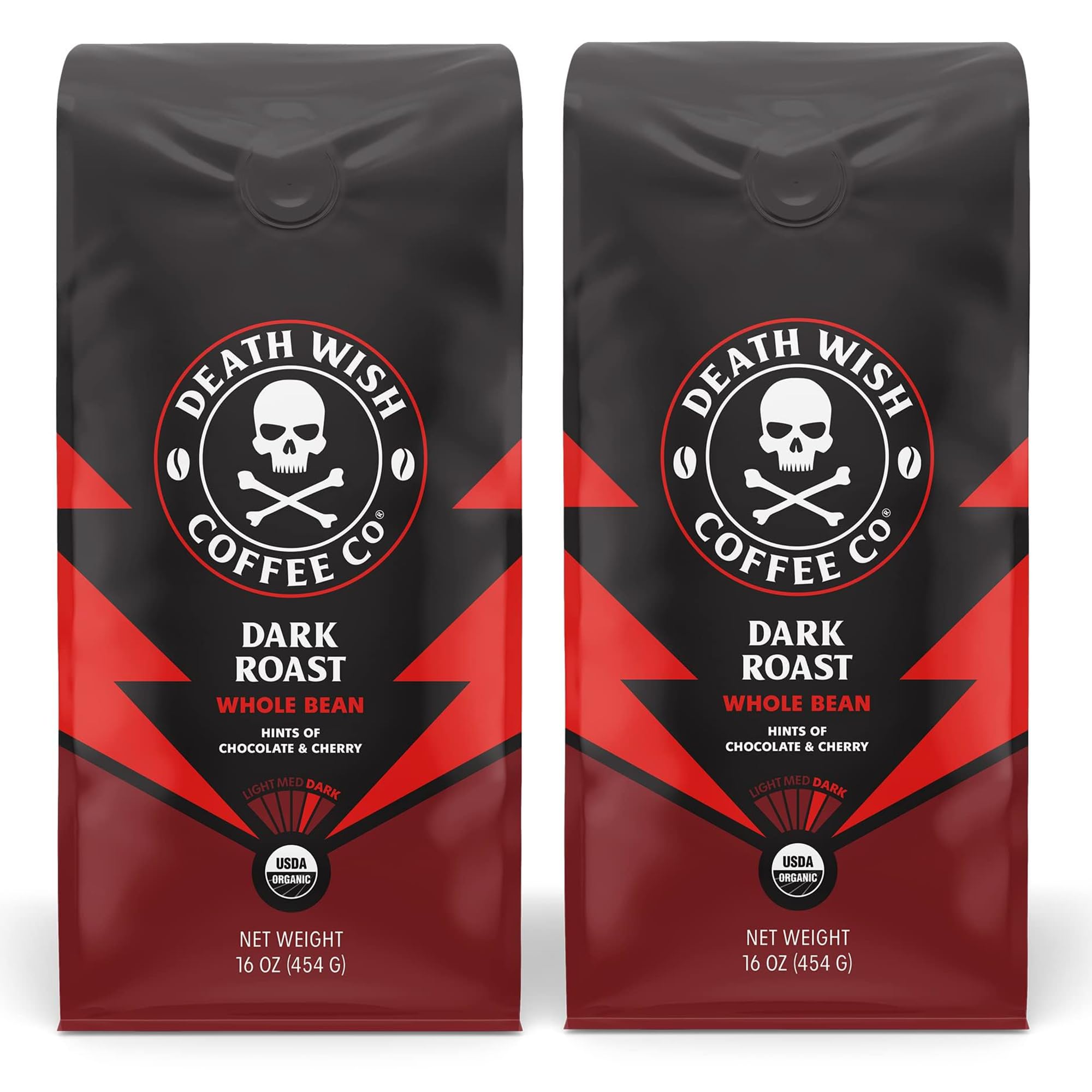 Death Wish Coffee, Whole Bean Dark Roast - USA Organic Coffee Beans Bundle/Bulk - Fair Trade Arabica & Robusta - 16 Ounce (Pack of 2) Image