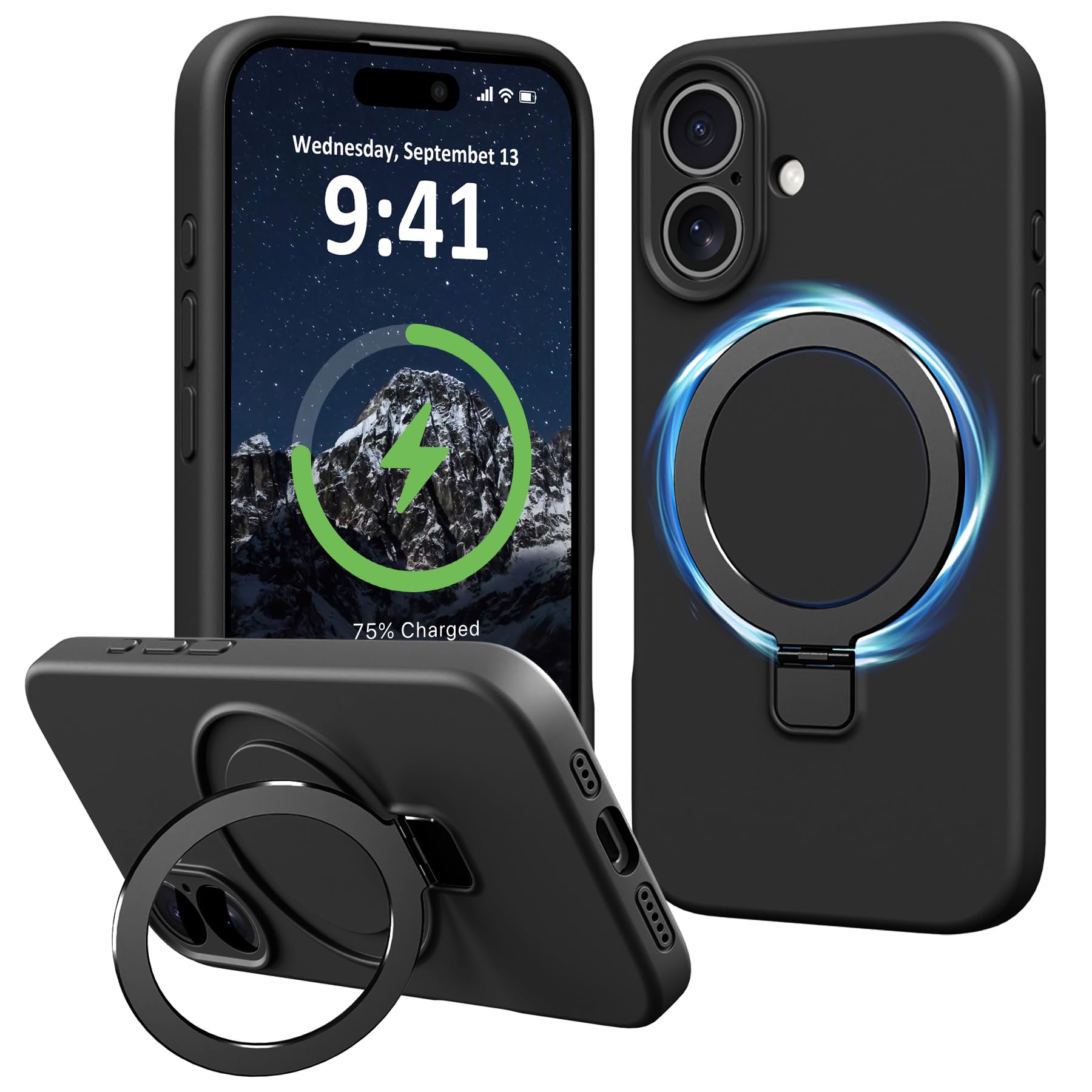 Photo 1 of Vanxiliiy Compatible with iPhone 16 Case Stand, Slim Comfortable Liquid Silicone Phone Cases Fit for iPhone 16 Compatible with MagSafe Magnetic Ring Kickstand Stand Case Full Camera Protection, Black