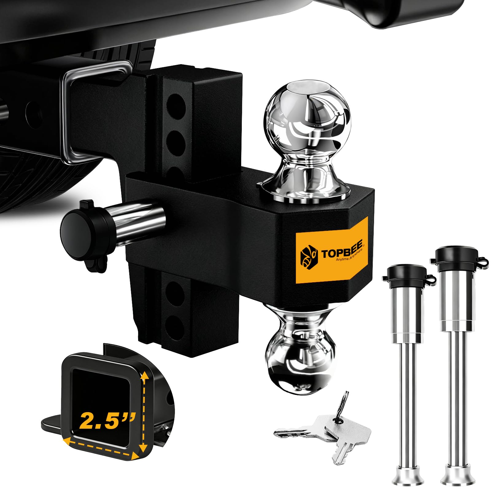 Photo 1 of TOPBEE Adjustable Trailer Hitch, Drop Hitch, Tow Hitch Fits 2.5-inch Receiver, 6-inch Drop, 2 and 2-5/16 inch Balls, 18,500 LB,Solid Tube Hitch with Anti-Theft Pin, Black