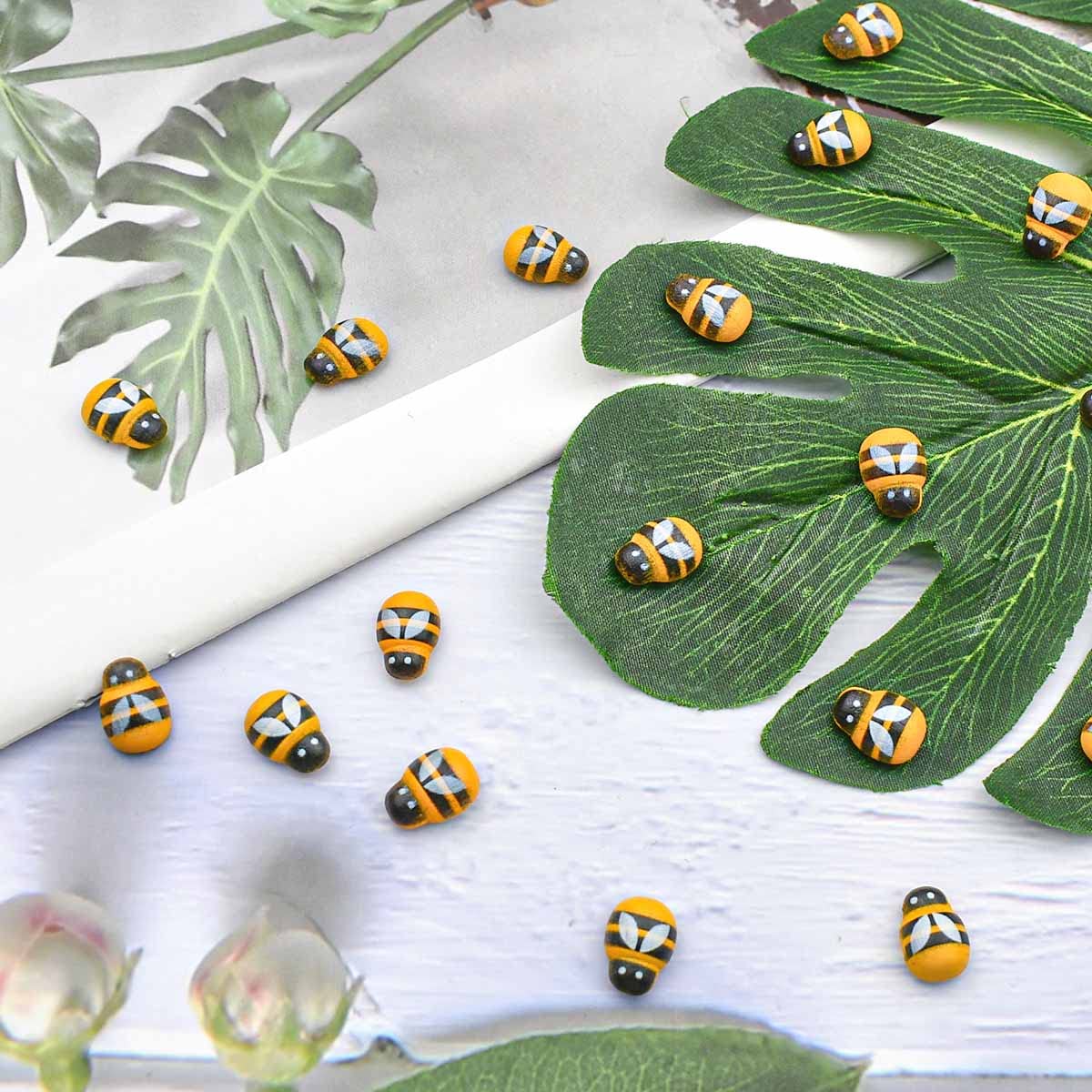 100 Wooden Mini Bees Craft Decoration for DIY Scrapbooking Party Home Wreath Decor - Flatback Self-Adhesive Embellishments