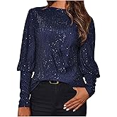 Women's Long Sleeve Sequin Tops Dressy Sparkle Glitter Crewneck Blouse Sexy Cocktail Party Shirts Y2k Clubwear