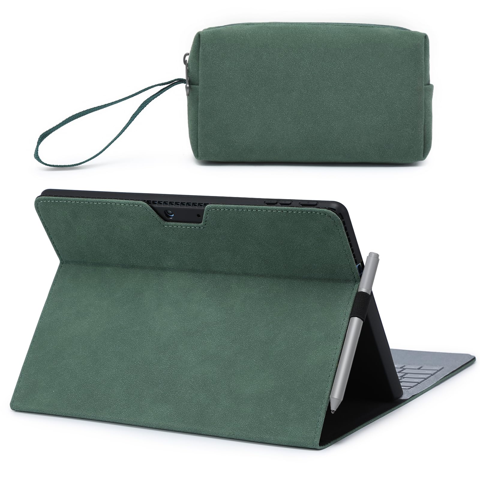 HYZUO Protective Case for Surface Pro 11 2024, Surface Pro 10/9, Multi-angle Viewing Folio Stand with Stylus Holder, Compatible with Type Cover Keyboard, with Pouch, Midnight Green
