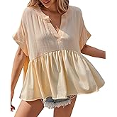 Tankaneo Womens Summer Babydoll Tops V Neck Short Sleeve Pleated Flowy Shirts Casual Loose Fit Peplum Blouse