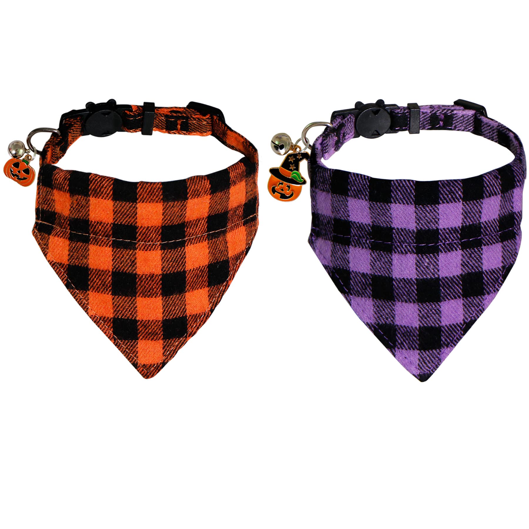 STMK 2 Pack Halloween Cat Bandana Collar with Bell, Breakaway Halloween Cat Kitten Bandana Collar with Bell Pumpkin for Halloween Cats Kittens Costume Decorations