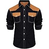 UpFind Men's Western Cowboy Shirt Long Sleeve Cotton Slim Fit Casual Button Down Shirts with Pockets