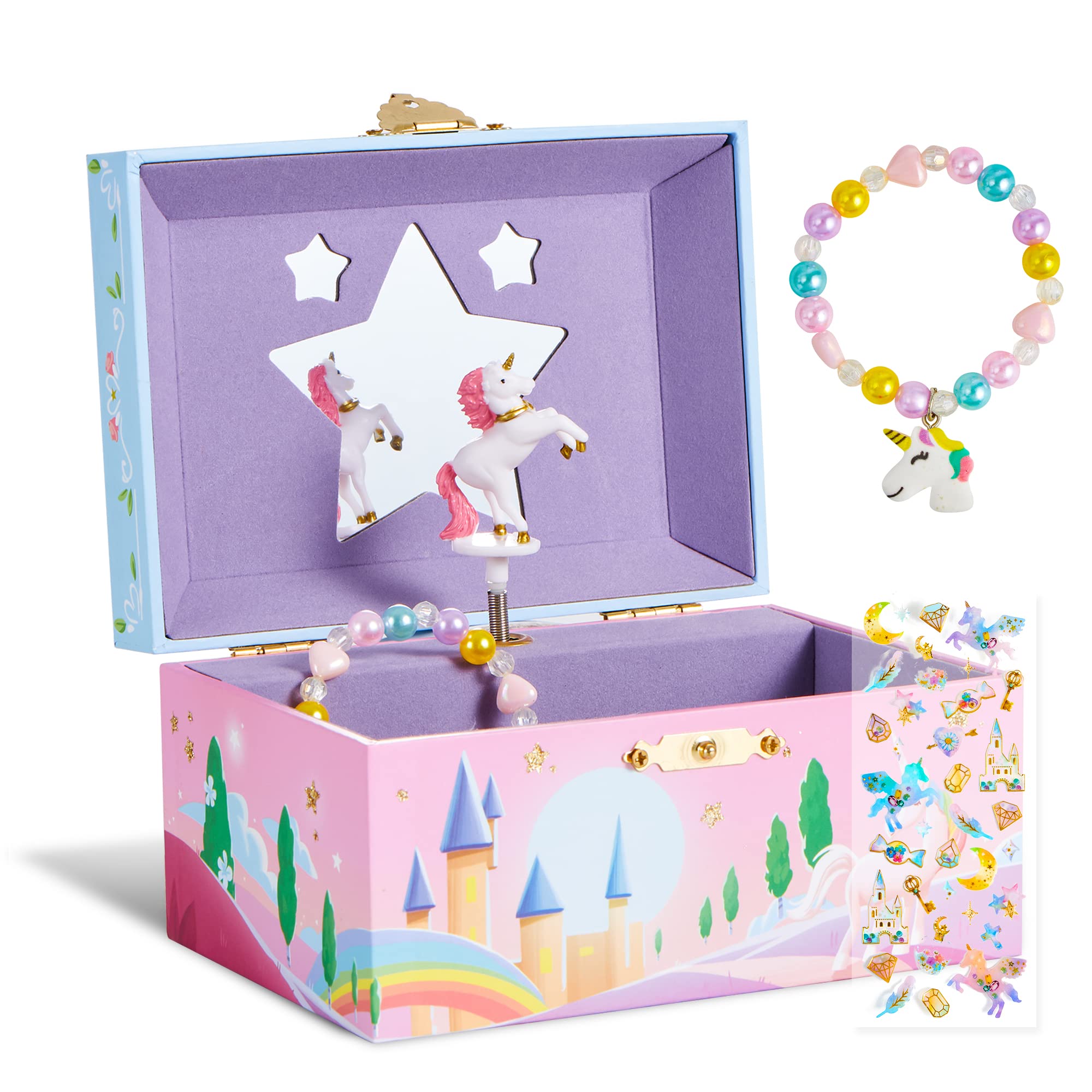 JOYIN Musical Jewellery Box for Girls Unicorn Gift for 4 5 6 7 Year Old Girl Rotating Unicorn Toy for Kids Music Box Gift with Mirror and Unicorn Bracelets
