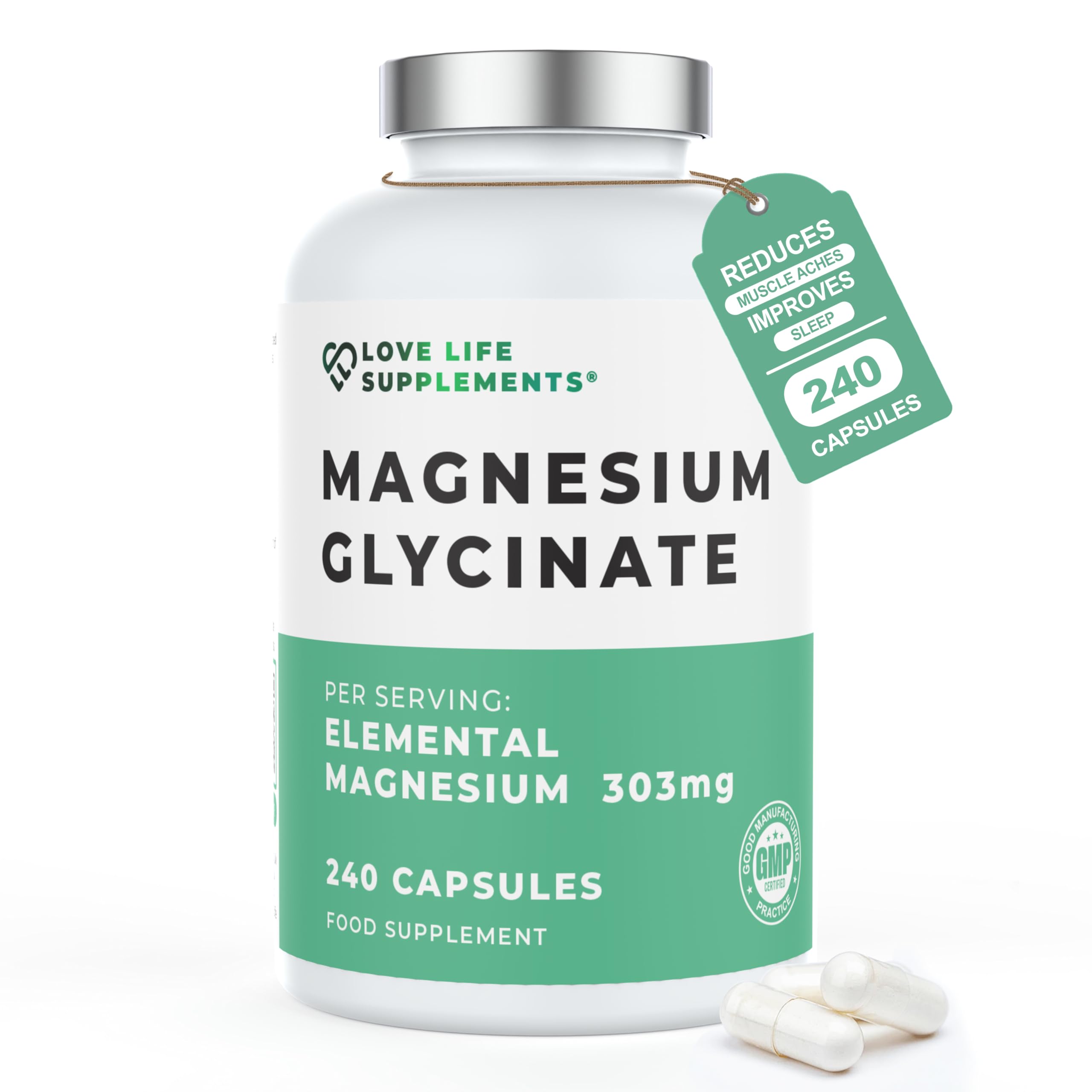 Pure Magnesium Glycinate (Bisglycinate), 240 Vegan Capsules, 2 Month Supply, High Strength 300mg Elemental, Bioavailable Chelated Supplement for Sleep, Muscle Cramps, UK Made - Love Life Supplements