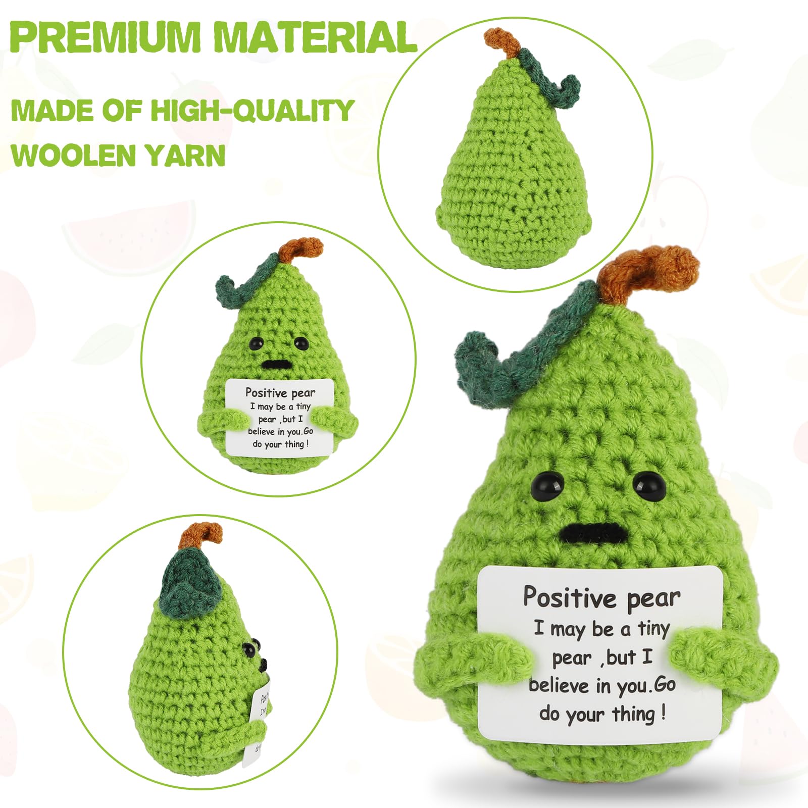 Hoedia Handmade Emotional Pickle Gift, Emotional Cucumber Crochet Doll Inspirational Gifts with Cards, Cute Knitted Funny Support Pickle Potato Friend Birthday (Positive Pear)