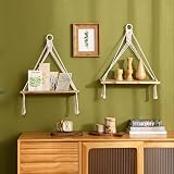 Mkono Macrame Hanging Shelves Set of 2 Rustic Wood Floating Shelves White view 6
