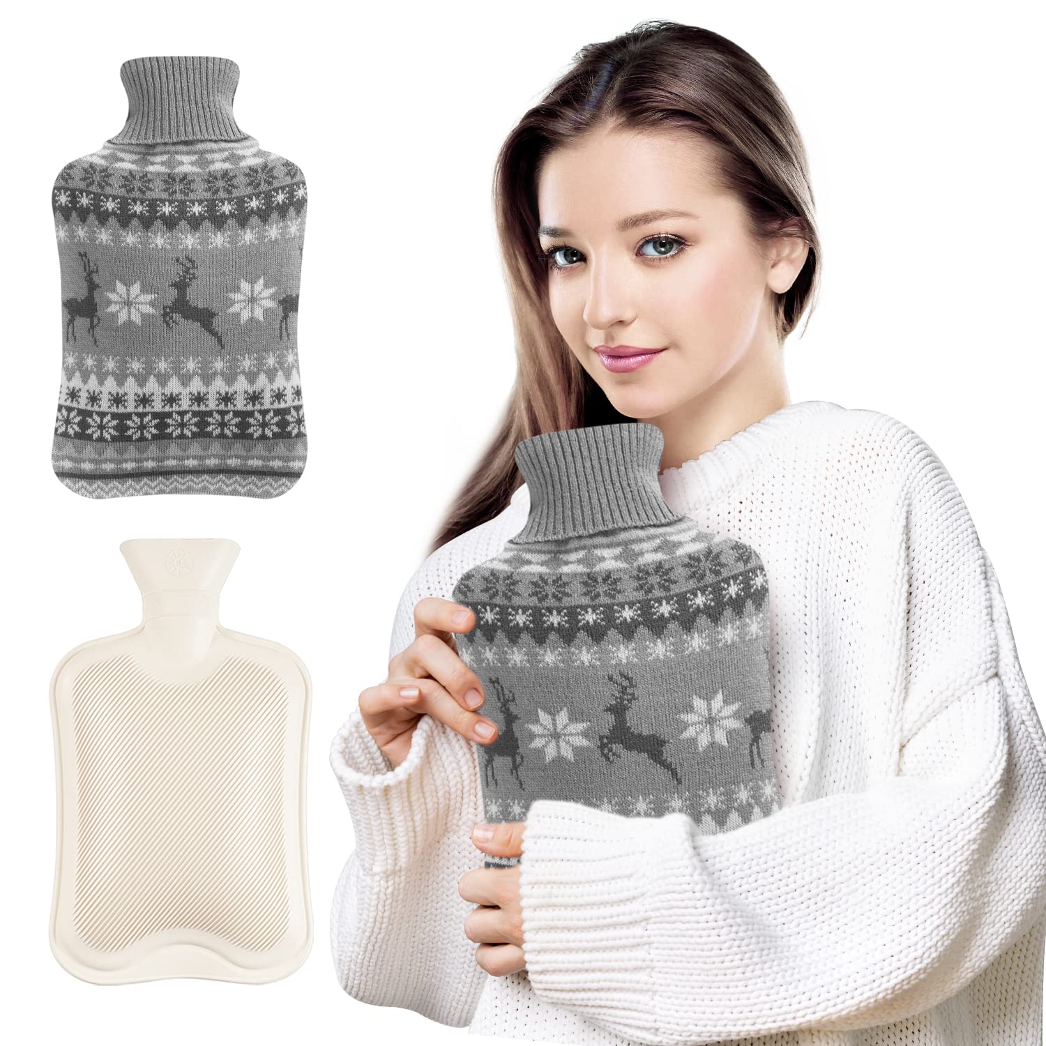 Hot Water Bottle with Cover 2L, Hot Water Bag BS1970: 2012 Certified, Hot Water Bottle Large Capacity with Premium Knitted Cover for Men and Women, Exquisite Gift for Pain Relief, Back, Neck, Legs