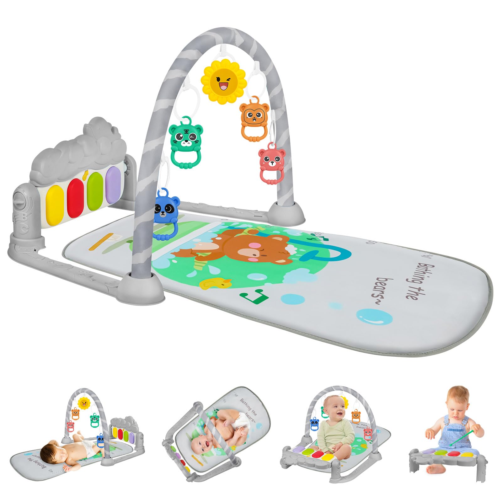 AOMIG Baby Play Mat, Baby Piano Gym with Music and Lights, Play Mat with Detachable Activity Toys, Early Development Activity Baby Play Mat Toy Gift for Babies