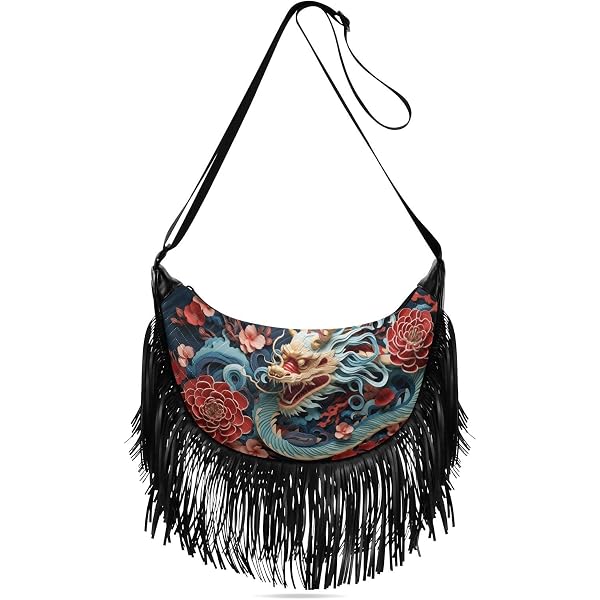 KYZSXZ Fringe Hippie Crossbody Bag - Mandala Lotus Print Tassel Purse For Women, Adjustable Strap