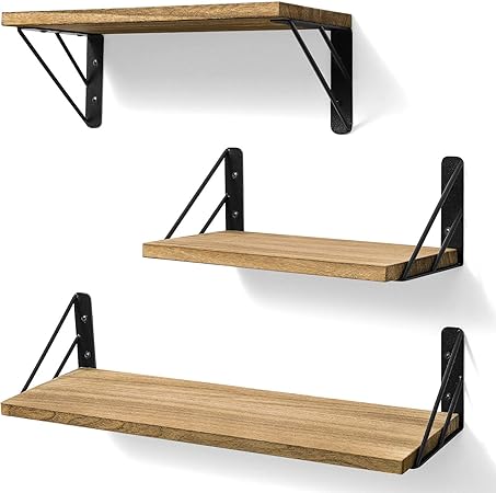 BAYKA Floating Shelves Wall Mounted, Rustic Wood Wall Shelves Decor Set of 3 for Bedroom, Bathroom, Living Room, Kitchen, Office, Laundry Room