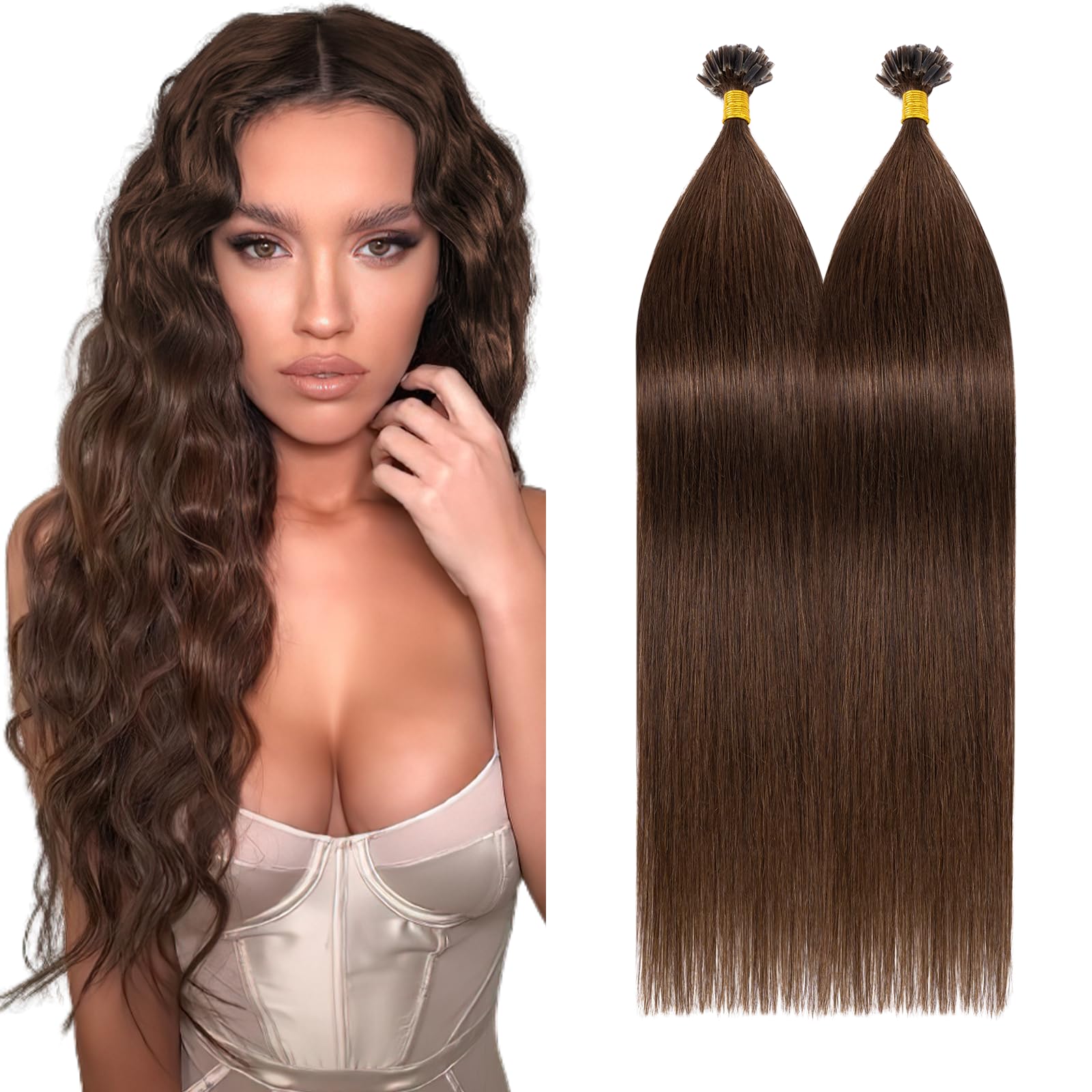 Silk-co U Tip Pre Bonded Hair Extensions Straight Silky Soft 100 Strands #04 Medium Brown Real Human Hair 20inch 100g Keratin Fusion 100% Remy Hair Nail Extension Straight
