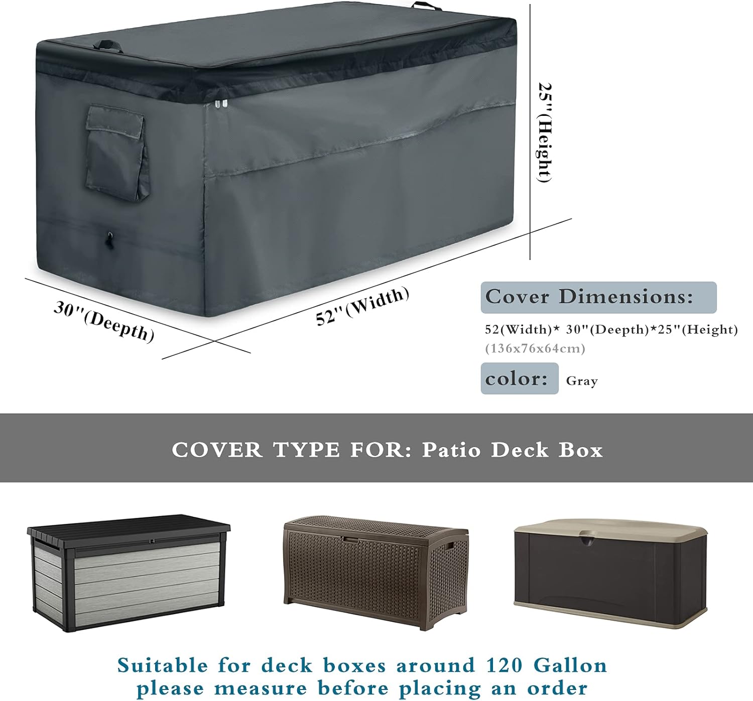 Storage Box Cover,Quick Open Patio Deck Box Top with Zipper and Pockets-Waterproof Oxford Fabric Storage Container Cover for Garden Deck Box(Gray,52x30x25in): Home Improvement