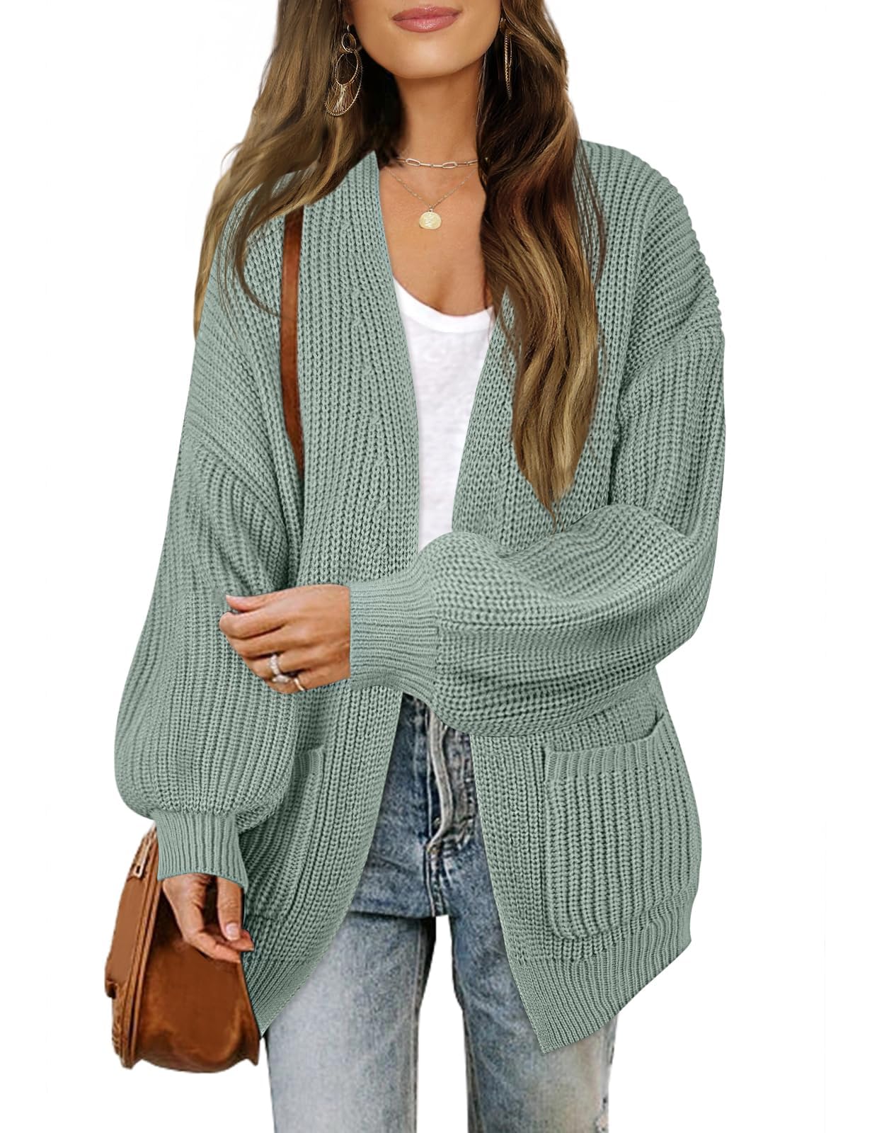 MEROKEETY Women's Chunky Cardigan Sweaters 2025 Lantern Long Sleeve Oversized Knit Outerwear with Pockets, Sage, L Image