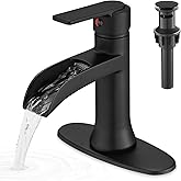 HOIGY Matte Black Waterfall Bathroom Faucets, 1 Hole or 3 Hole (4 Inch) Bathroom Sink Faucet with Drain, Deck Plate, 1 Handle for Vanity, Restroom, RV, Modern, Brass Material