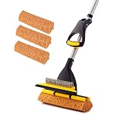 Yocada Sponge Mop Home Commercial Use Tile Floor Bathroom Garage Cleaning | Total 3 Sponge Heads Squeegee and Extendable Telescopic Long Handle 42.5 to 52 Inches Easily Dry Wringing Only 3 Heads