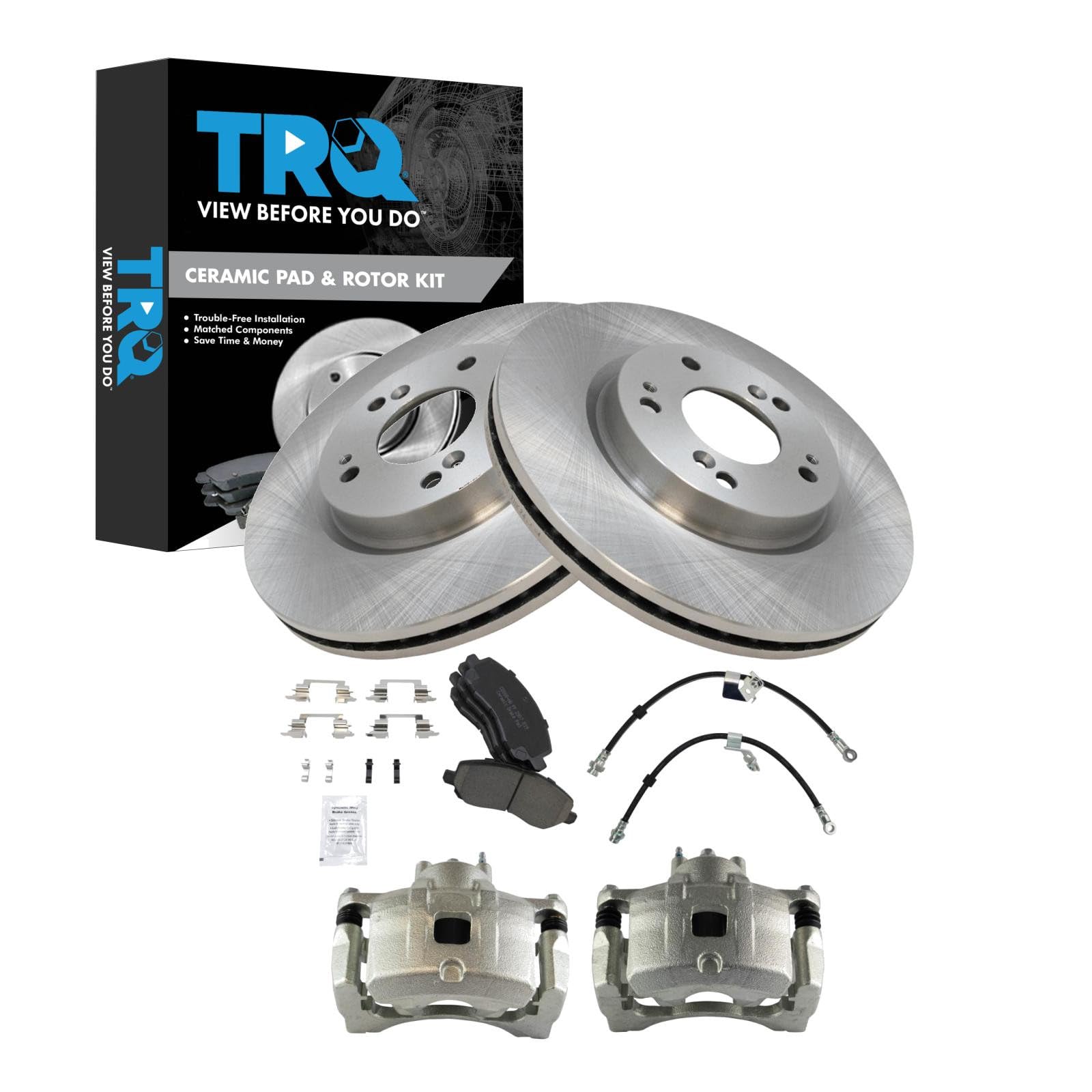 TRQ Front Brake Pad and Rotor Set Ceramic Rotors Calipers Compatible with 2011-2014 Chrysler 200 2007-2010 Sebring 2008-2014 Dodge Avenger Caliber 2007-2017 Jeep Compass Patriot Image