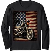 Motorcycle USA Flag Retro Biker Long Sleeve T-Shirt