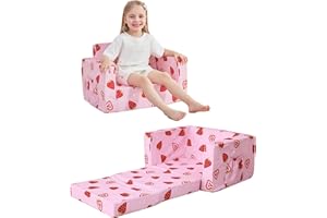lasoftan Kids Sofa for Toddler, 2-in-1 Toddler Couch Fold Out, Convertible Sofa to Lounger Bed for Girls and Boys, with Removable Cover & Double Pockets - Pink Strawberry