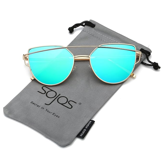 SOJOS Cat Eye Mirrored Flat Lenses Street Fashion Metal Frame Women Sunglasses SJ1001 with Gold Frame/Green Mirrored Lens