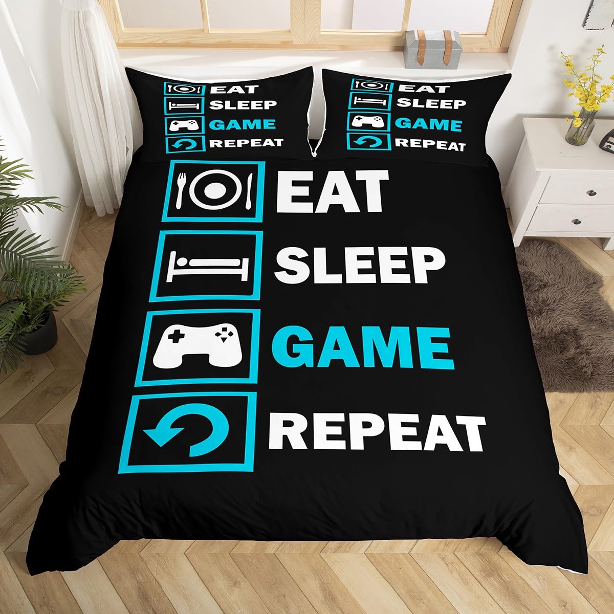Loussiesd Gaming Bedding Set for Boys Kids Children Girls Teens Gamer Comforter Coverative Eat Sleep Game Repeat Design Duvet Cover Game Bedding & Linen Black King 3Pcs Reversible Bedclothes — image 1