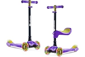 LaScoota 2-in-1 Kids Kick Scooter, Adjustable Height Handlebars and Removable Seat, 3 LED Lighted Wheels and Anti-Slip Deck, for Boys & Girls Aged 3-12 and up to 100 Lbs.