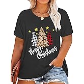 Plus-Size Christmas Shirts Women Merry Christmas Leopard Plaid Tree Print Shirt Holiday Tops Xmas Tee