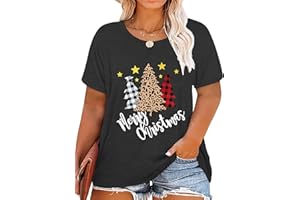 LAZYCHILD Plus-Size Christmas Shirts Women Merry Christmas Leopard Plaid Tree Print Shirt Holiday Tops Xmas Tee