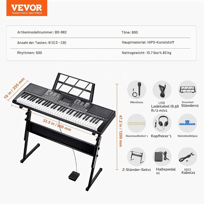 Digitales Klavier mit 61 Tasten, beleuchtete Tasten, tragbares elektrisches Klavier mit Ständer, 600 Töne, 500 Rhythmen, integrierte Lautsprecher, Sustain-Pedal, Kopfhörer, Mikrofon, USB