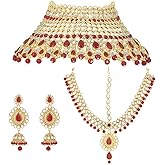 Aheli Ethnic Designer Indian Wedding Bridal Bharatanatyam jewellery set Faux Kundan Beaded Choker Necklace with Damini Headpiece Gift for Women