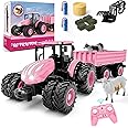 NOKA Remote Control Tractor and Trailer Toys - Kids RC Tractor Set with Metal Car Head/8 Wheels/Lights/2 Rechargeable Batteri