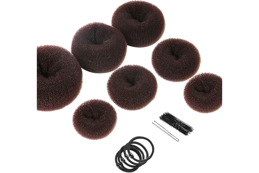 Teenitor Donut Hair Bun Maker Set – 7 Rings (1 Extra-Large, 2 Large, 2 Medium, 2 Small), 5 Elastic Bands, 20 Hair Pins, Dark Brown