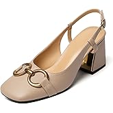 Vertundy Women's Slingback Closed Square Toe Chunky High Heels Sandals Adjustable Ankle Buckle Strap Dress Summer Pumps Ladies Block Heel Beige Nude Brown
