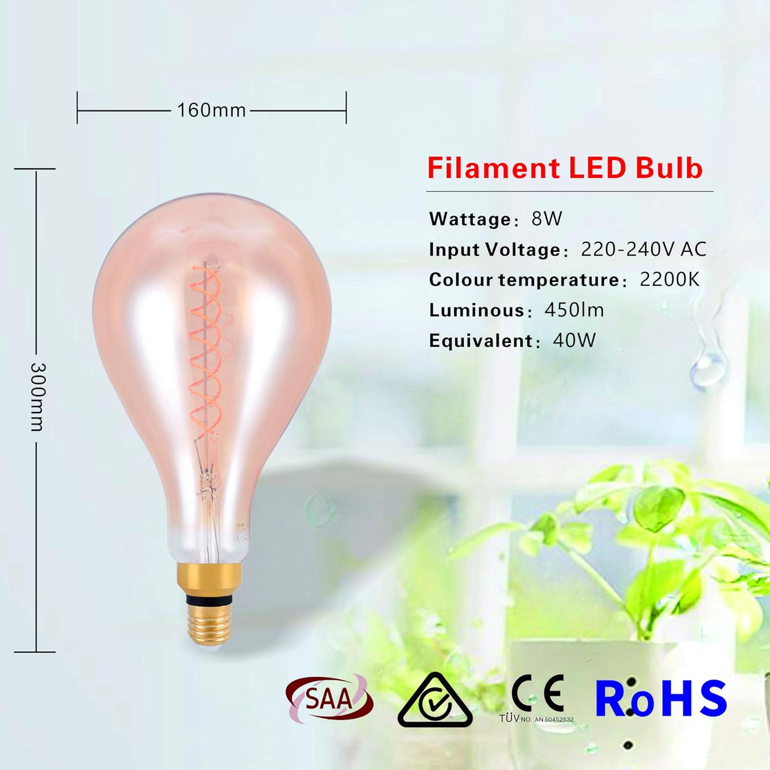 SD LUX E27 Vintage Light Bulbs LED Globe 8W 450LM (40W Equi.) Pendant Light XXL Decorative Light Bulbs Large Vintage Ediosn Bulbs Dimmable Pendant Lighting Warm White 2200K,1 Pack (PS160SL-EU) - Image 4