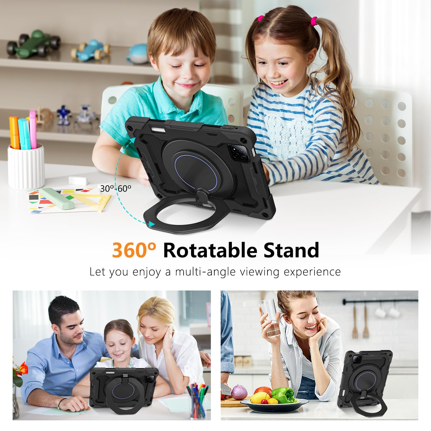 ROISKIN Hülle für Xiaomi Mi Pad 7/7 Pro 11,2 Zoll 2024 mit Displayschutz & Schultergurt & Stifthalter,Heavy Duty Stoßfeste Military Xiaomi Pad 7 Hülle,360 Drehbarer Ständer für Kinder,Schwarz 2