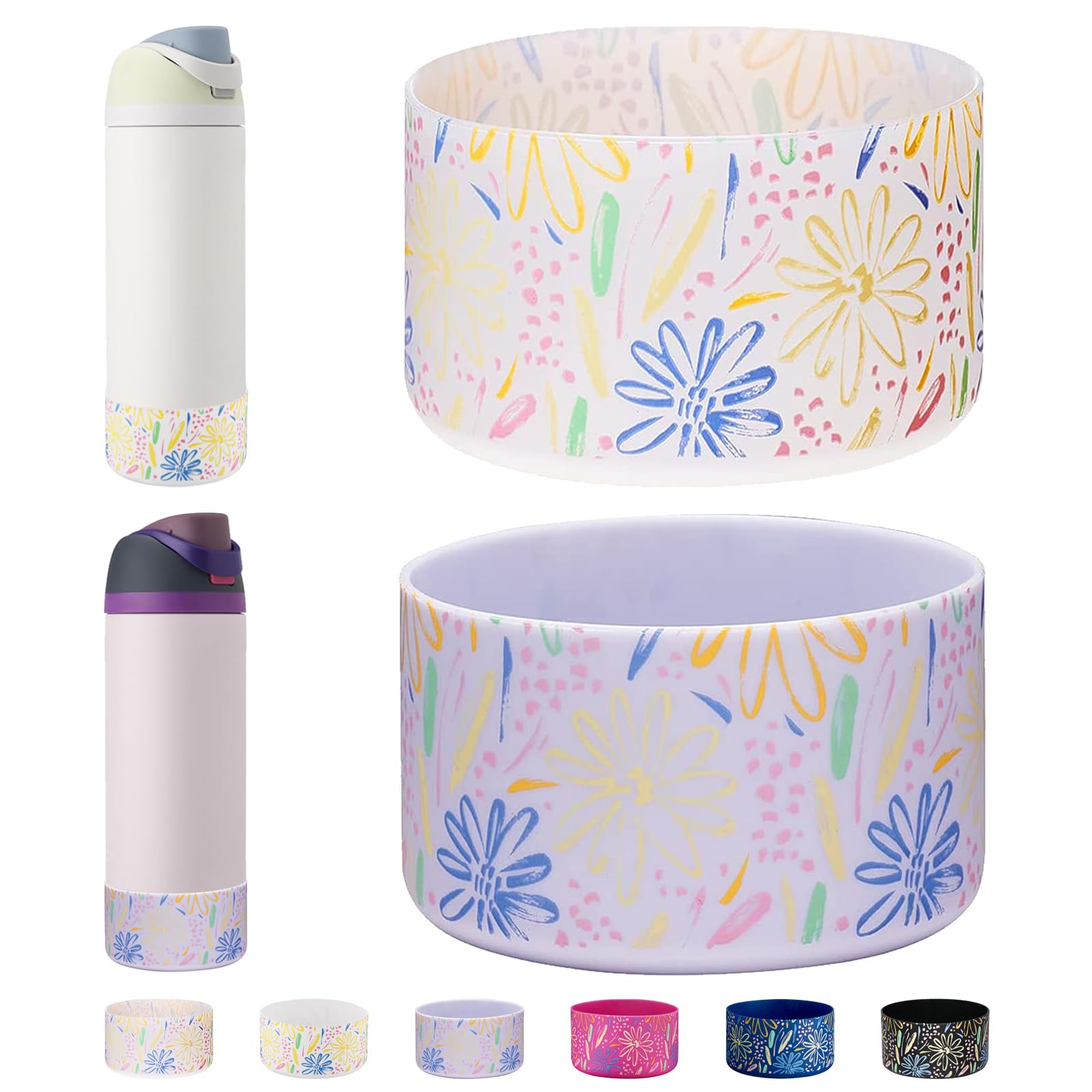 WK IEASON 2Pcs Silicone Water Bottle Boot for Owala 24oz, Protective Flask Bottom Cover Base for Owala FreeSip Twist and Flip Flask Bottles (Floral Print Clear/Fog, 24OZ)