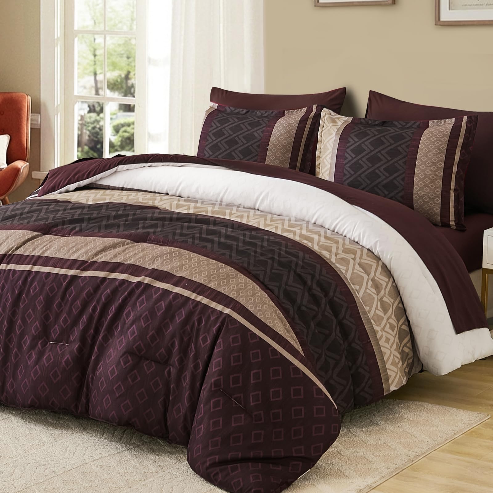 Photo 1 of Cottolester Boho Comforter Set Queen Size,Red Brown Striped Bed in a Bag,Plaid Comforter and Sheet Set,Soft Microfiber Complete Bedding Sets
